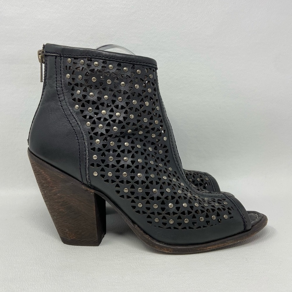 Independent Boot Company Black Leather Open Toe Perforated Ankle Boots, US 9.5